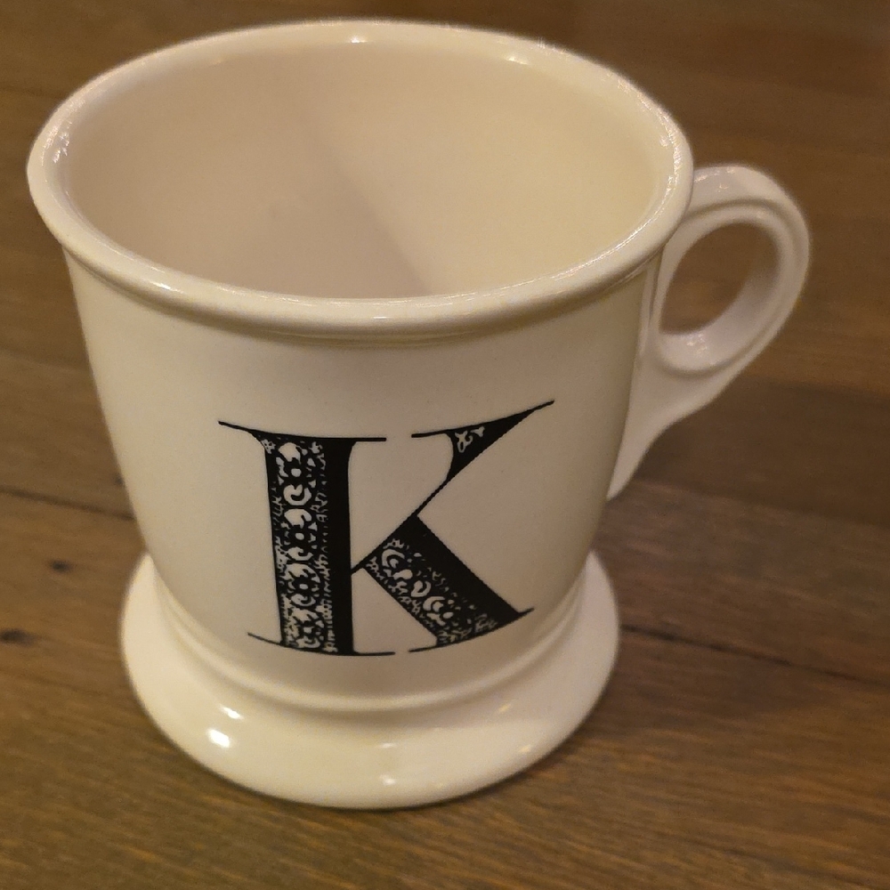 Anthropologie Cream Bistro Tile Stoneware Mug with Monogram "K"